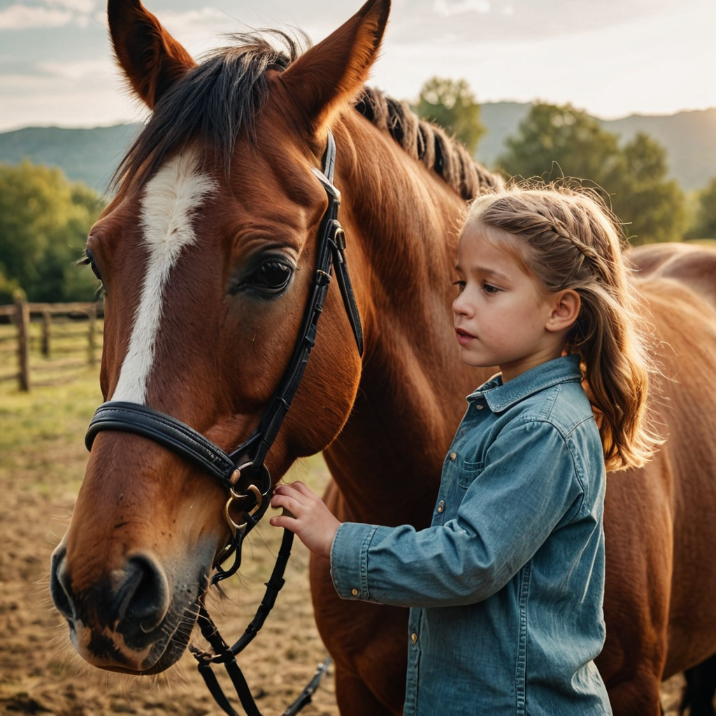 Child petting horse